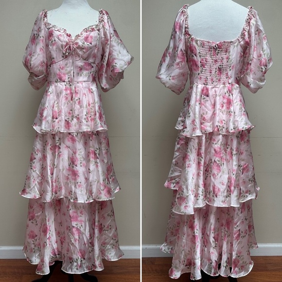 Lulus Romilly Light Pink Floral Tiered Midi Dress Size Medium - Picture 3 of 14